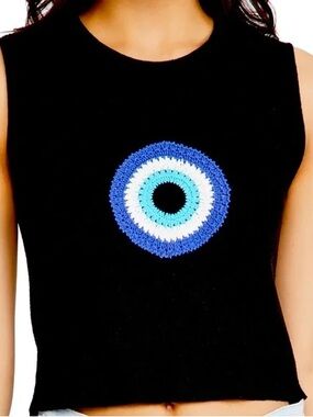 STAUD Black Cropped Tank with Blue Crochet Motif